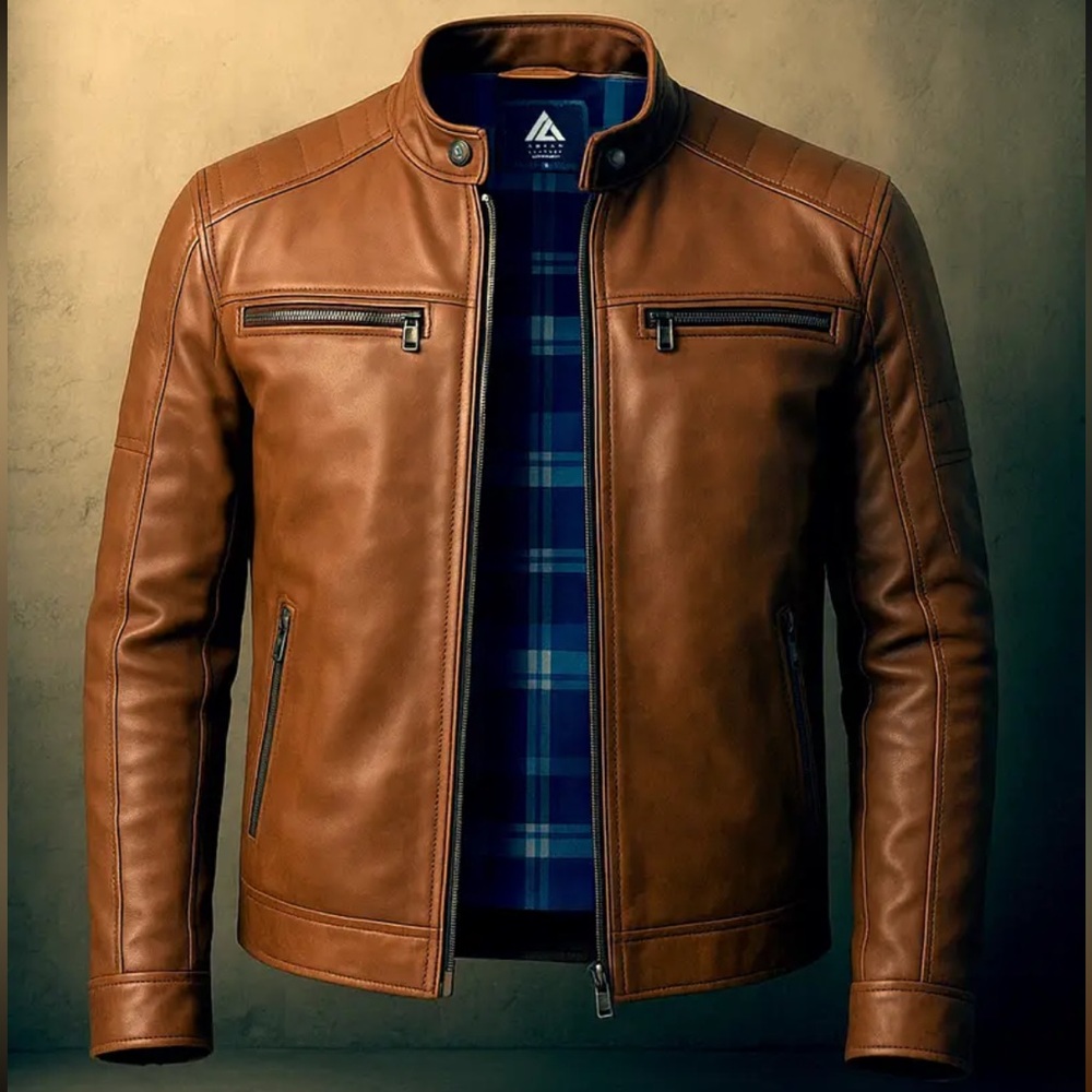 Men’s Genuine Sheep Leather Biker Jacket – Quilted Shoulders, Stand Collar